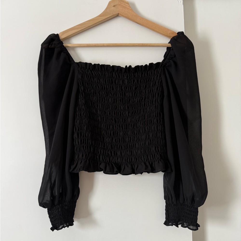 H&M Black Smocked Puff Sleeve Blouse
